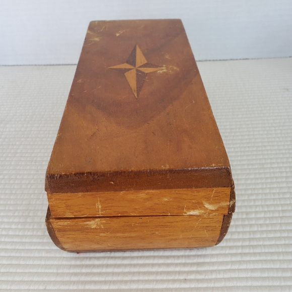 Star Inlay Wooden Box Hinged Lid 9.5" Handmade Red Velvet Lined Jewelry Trinket - Picture 10 of 13